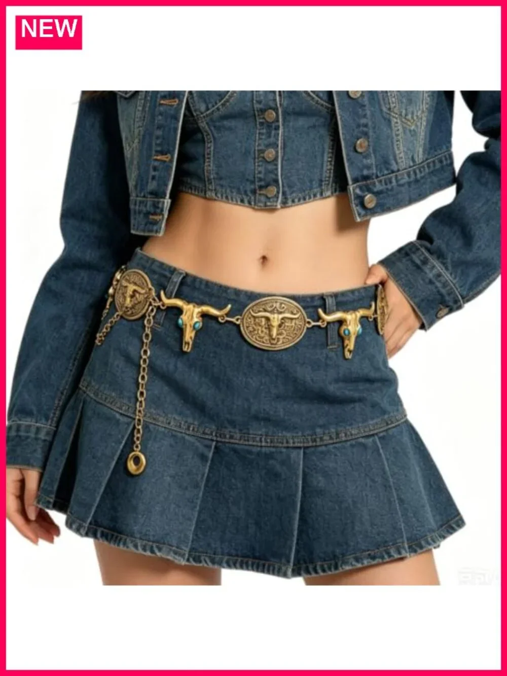 Metal Chain Belt with Bull Skull Pendant - Western Cowgirl Waist Chain